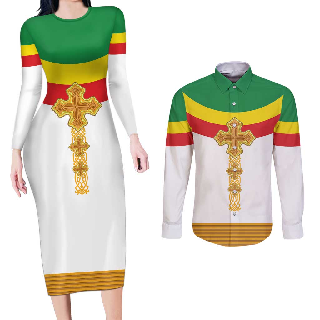 Ethiopia Meskel Couples Matching Long Sleeve Bodycon Dress and Long Sleeve Button Shirt Ethiopian Cross - Wonder Print Shop