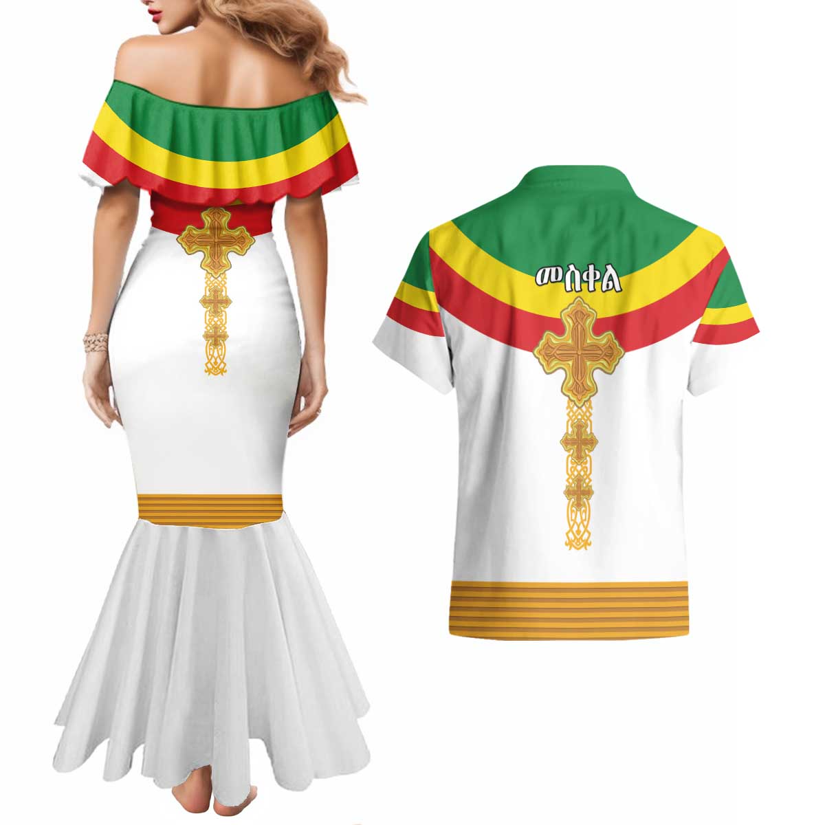 Ethiopia Meskel Couples Matching Mermaid Dress and Hawaiian Shirt Ethiopian Cross - Wonder Print Shop