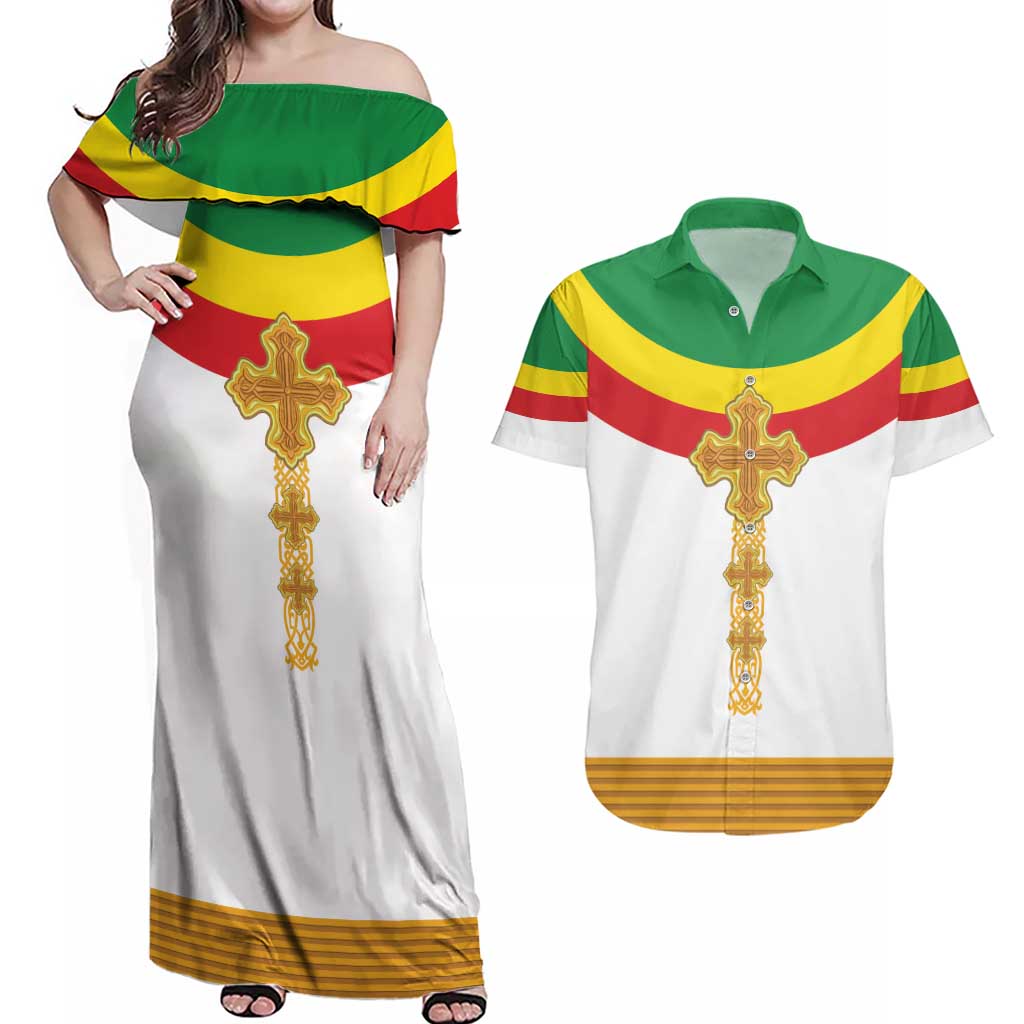 Ethiopia Meskel Couples Matching Off Shoulder Maxi Dress and Hawaiian Shirt Ethiopian Cross - Wonder Print Shop