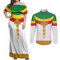 Ethiopia Meskel Couples Matching Off Shoulder Maxi Dress and Long Sleeve Button Shirt Ethiopian Cross - Wonder Print Shop