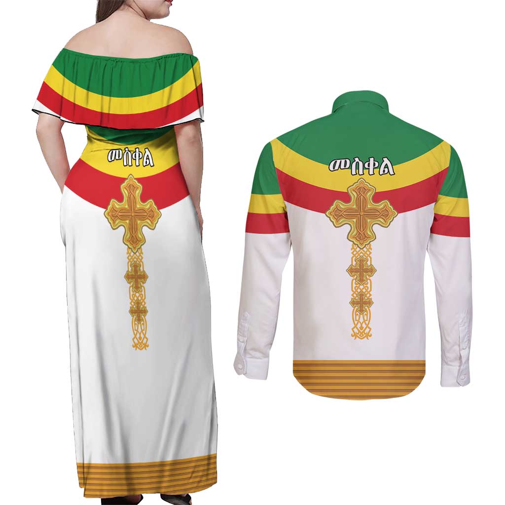 Ethiopia Meskel Couples Matching Off Shoulder Maxi Dress and Long Sleeve Button Shirt Ethiopian Cross - Wonder Print Shop