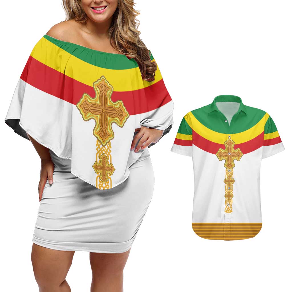 Ethiopia Meskel Couples Matching Off Shoulder Short Dress and Hawaiian Shirt Ethiopian Cross - Wonder Print Shop