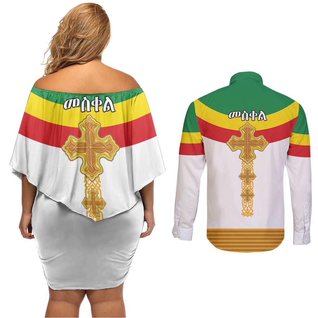Ethiopia Meskel Couples Matching Off Shoulder Short Dress and Long Sleeve Button Shirt Ethiopian Cross - Wonder Print Shop
