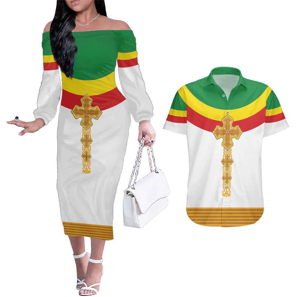 Ethiopia Meskel Couples Matching Off The Shoulder Long Sleeve Dress and Hawaiian Shirt Ethiopian Cross - Wonder Print Shop