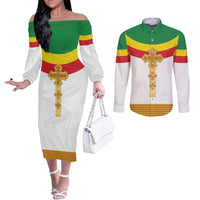 Ethiopia Meskel Couples Matching Off The Shoulder Long Sleeve Dress and Long Sleeve Button Shirt Ethiopian Cross - Wonder Print Shop