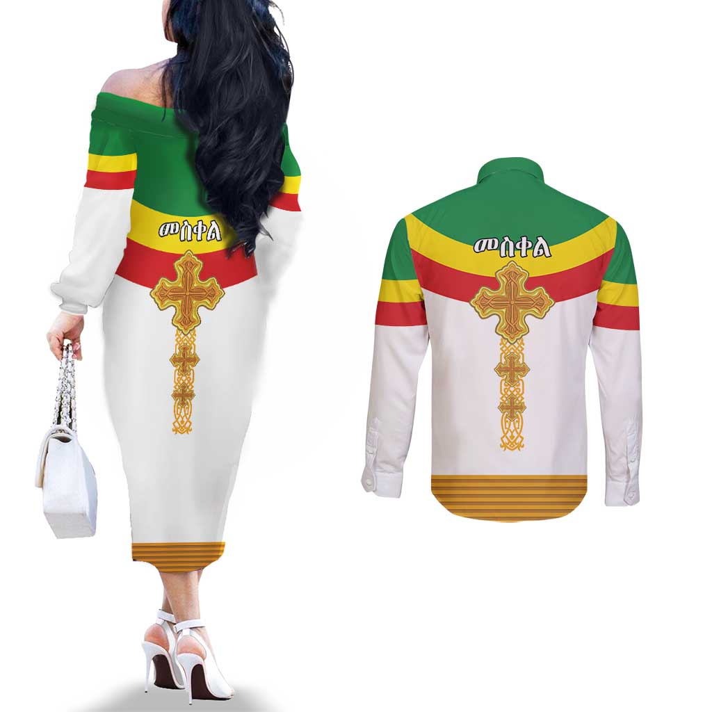 Ethiopia Meskel Couples Matching Off The Shoulder Long Sleeve Dress and Long Sleeve Button Shirt Ethiopian Cross - Wonder Print Shop