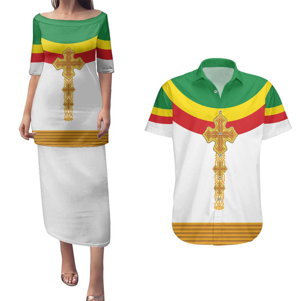 Ethiopia Meskel Couples Matching Puletasi and Hawaiian Shirt Ethiopian Cross - Wonder Print Shop