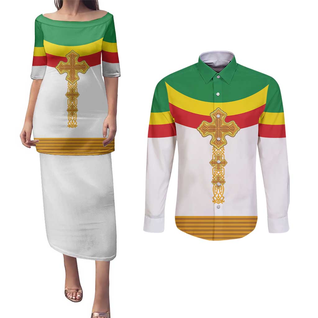Ethiopia Meskel Couples Matching Puletasi and Long Sleeve Button Shirt Ethiopian Cross - Wonder Print Shop