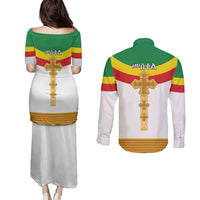 Ethiopia Meskel Couples Matching Puletasi and Long Sleeve Button Shirt Ethiopian Cross - Wonder Print Shop