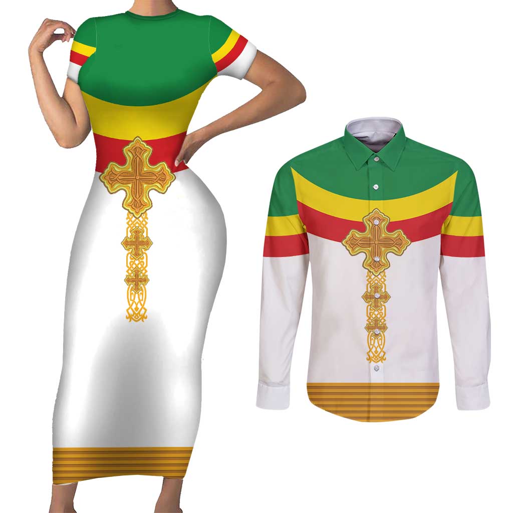 Ethiopia Meskel Couples Matching Short Sleeve Bodycon Dress and Long Sleeve Button Shirt Ethiopian Cross - Wonder Print Shop
