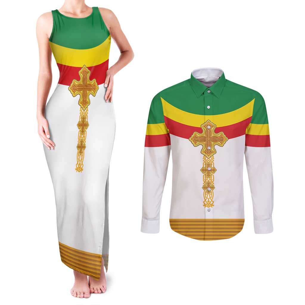Ethiopia Meskel Couples Matching Tank Maxi Dress and Long Sleeve Button Shirt Ethiopian Cross - Wonder Print Shop