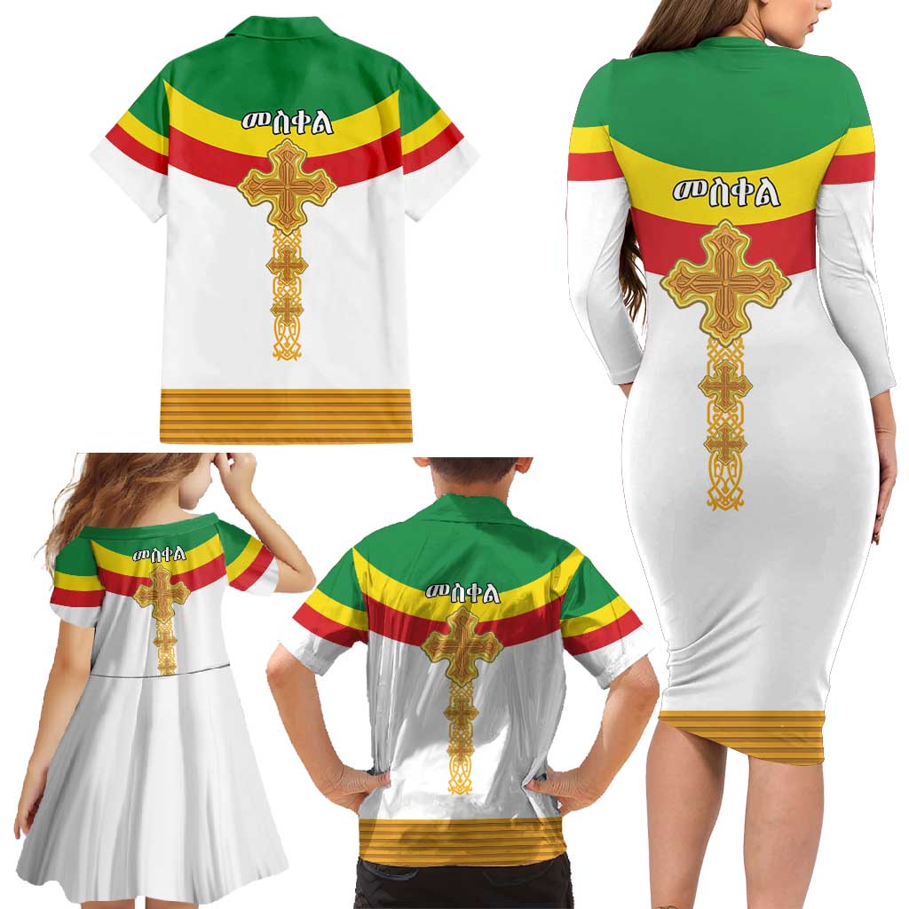 Ethiopia Meskel Family Matching Long Sleeve Bodycon Dress and Hawaiian Shirt Ethiopian Cross - Wonder Print Shop