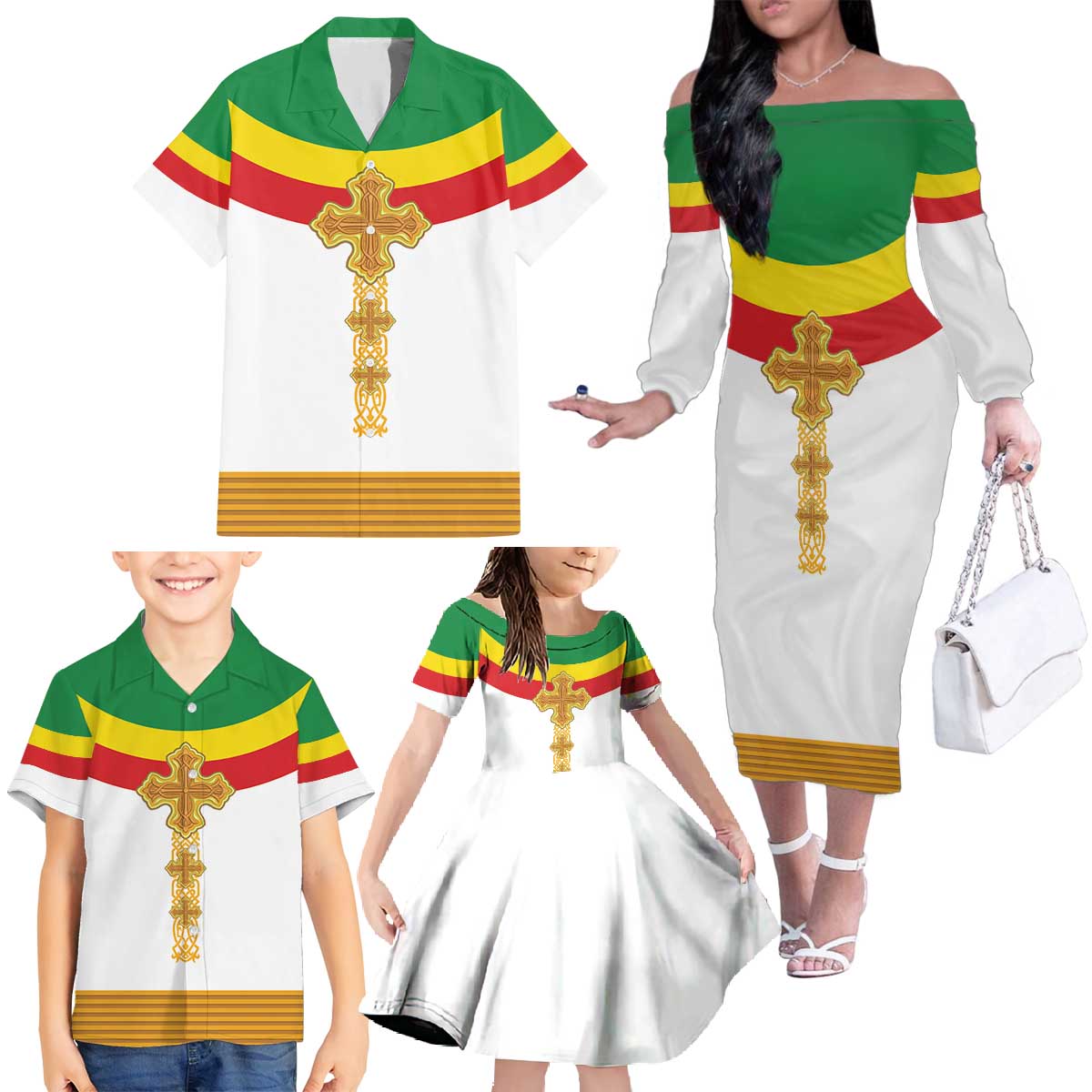 Ethiopia Meskel Family Matching Off The Shoulder Long Sleeve Dress and Hawaiian Shirt Ethiopian Cross - Wonder Print Shop