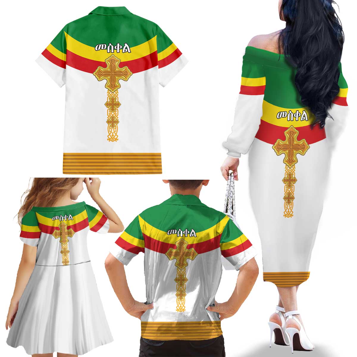 Ethiopia Meskel Family Matching Off The Shoulder Long Sleeve Dress and Hawaiian Shirt Ethiopian Cross - Wonder Print Shop