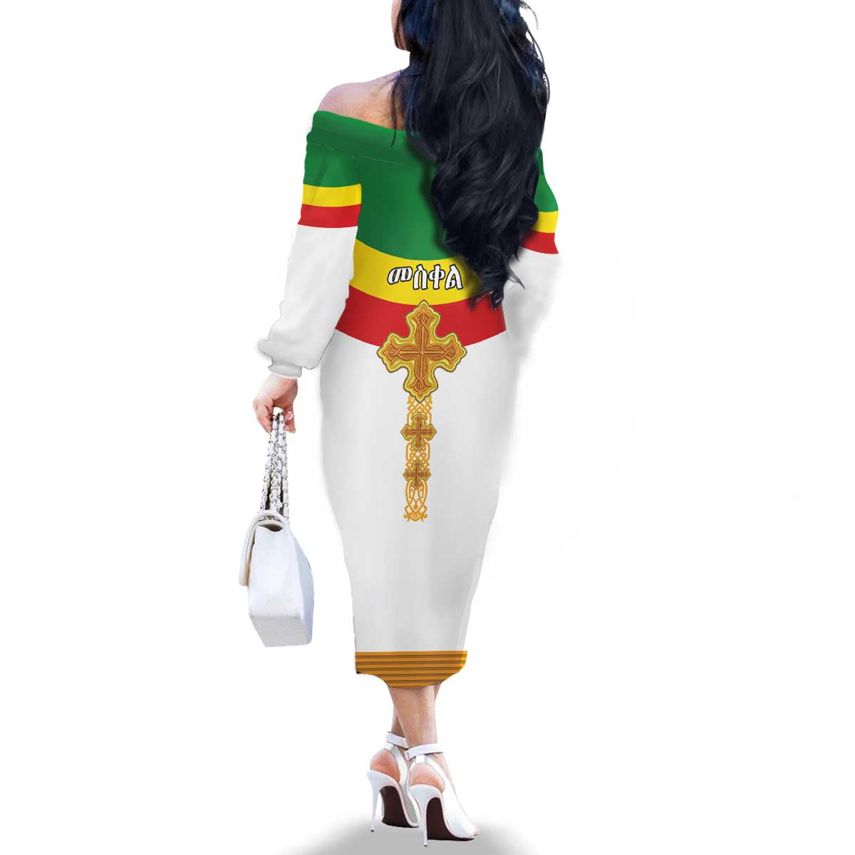 Ethiopia Meskel Family Matching Off The Shoulder Long Sleeve Dress and Hawaiian Shirt Ethiopian Cross - Wonder Print Shop