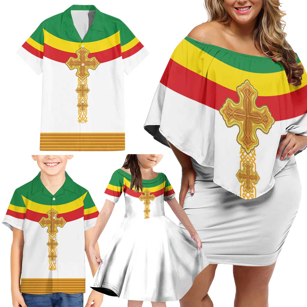 Ethiopia Meskel Family Matching Off Shoulder Short Dress and Hawaiian Shirt Ethiopian Cross - Wonder Print Shop