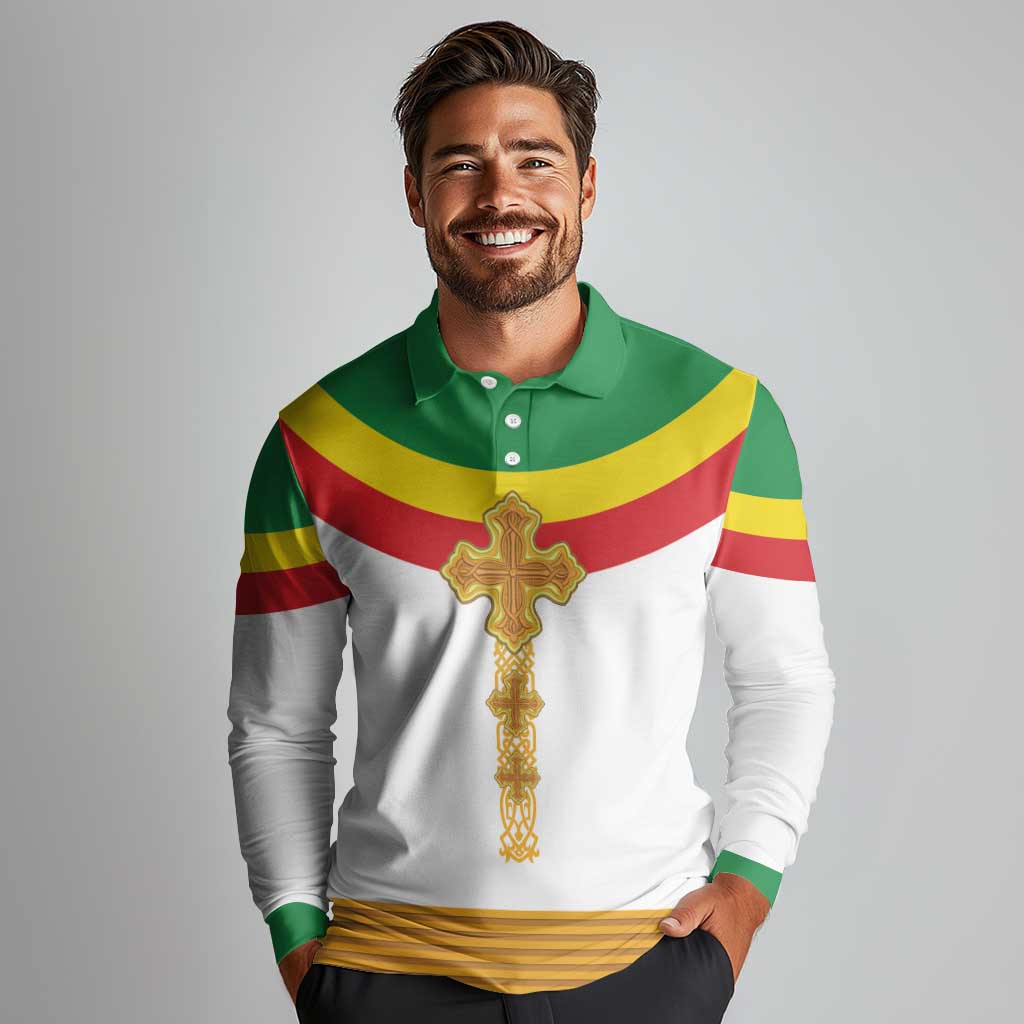 Ethiopia Meskel Long Sleeve Polo Shirt Ethiopian Cross - Wonder Print Shop