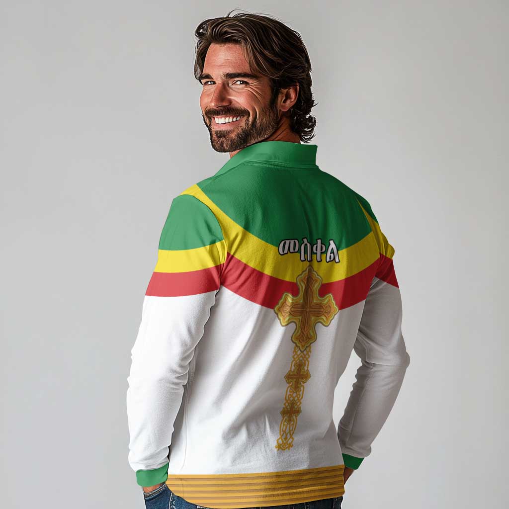 Ethiopia Meskel Long Sleeve Polo Shirt Ethiopian Cross - Wonder Print Shop