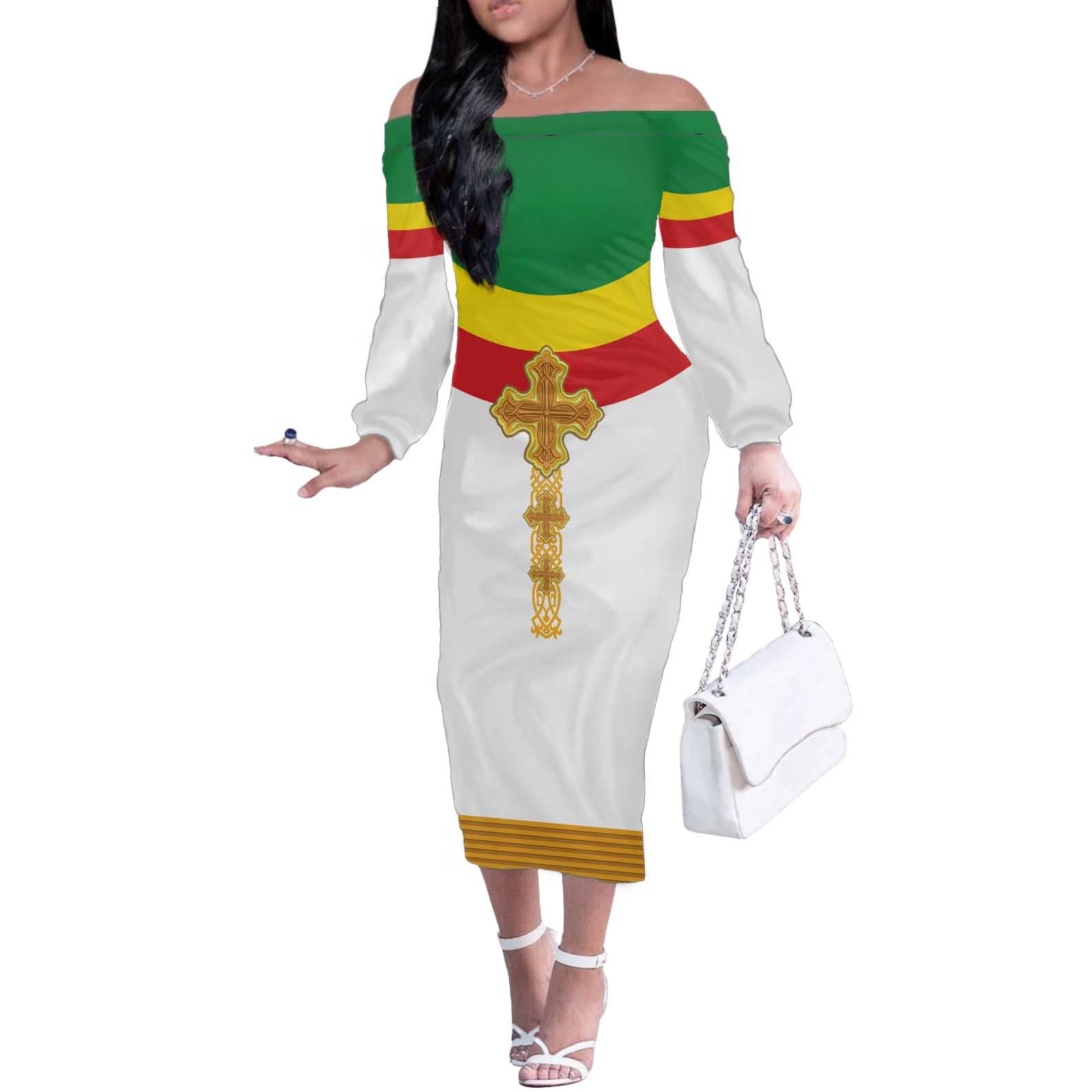 Ethiopia Meskel Off The Shoulder Long Sleeve Dress Ethiopian Cross - Wonder Print Shop