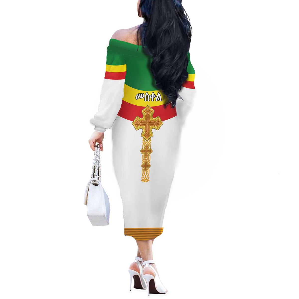 Ethiopia Meskel Off The Shoulder Long Sleeve Dress Ethiopian Cross - Wonder Print Shop