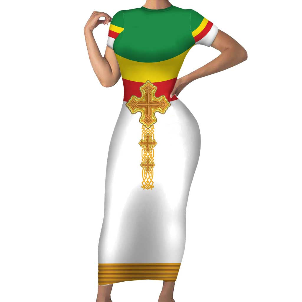Ethiopia Meskel Short Sleeve Bodycon Dress Ethiopian Cross - Wonder Print Shop