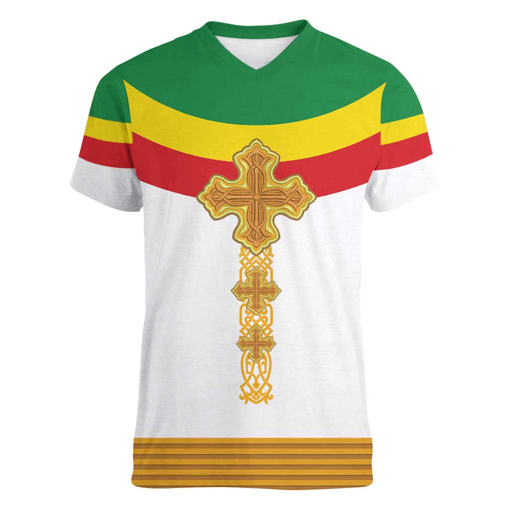 Ethiopia Meskel Women V-Neck T-Shirt Ethiopian Cross - Wonder Print Shop