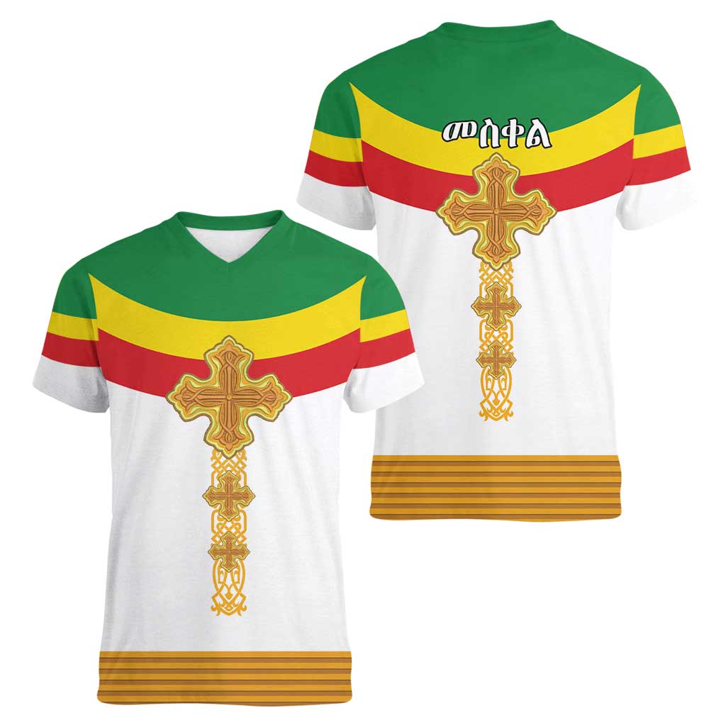 Ethiopia Meskel Women V-Neck T-Shirt Ethiopian Cross - Wonder Print Shop