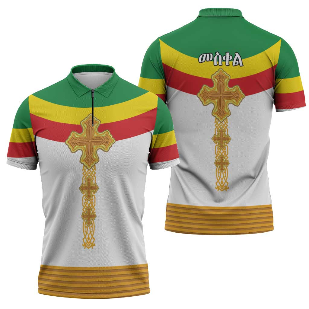 Ethiopia Meskel Zipper Polo Shirt Ethiopian Cross - Wonder Print Shop