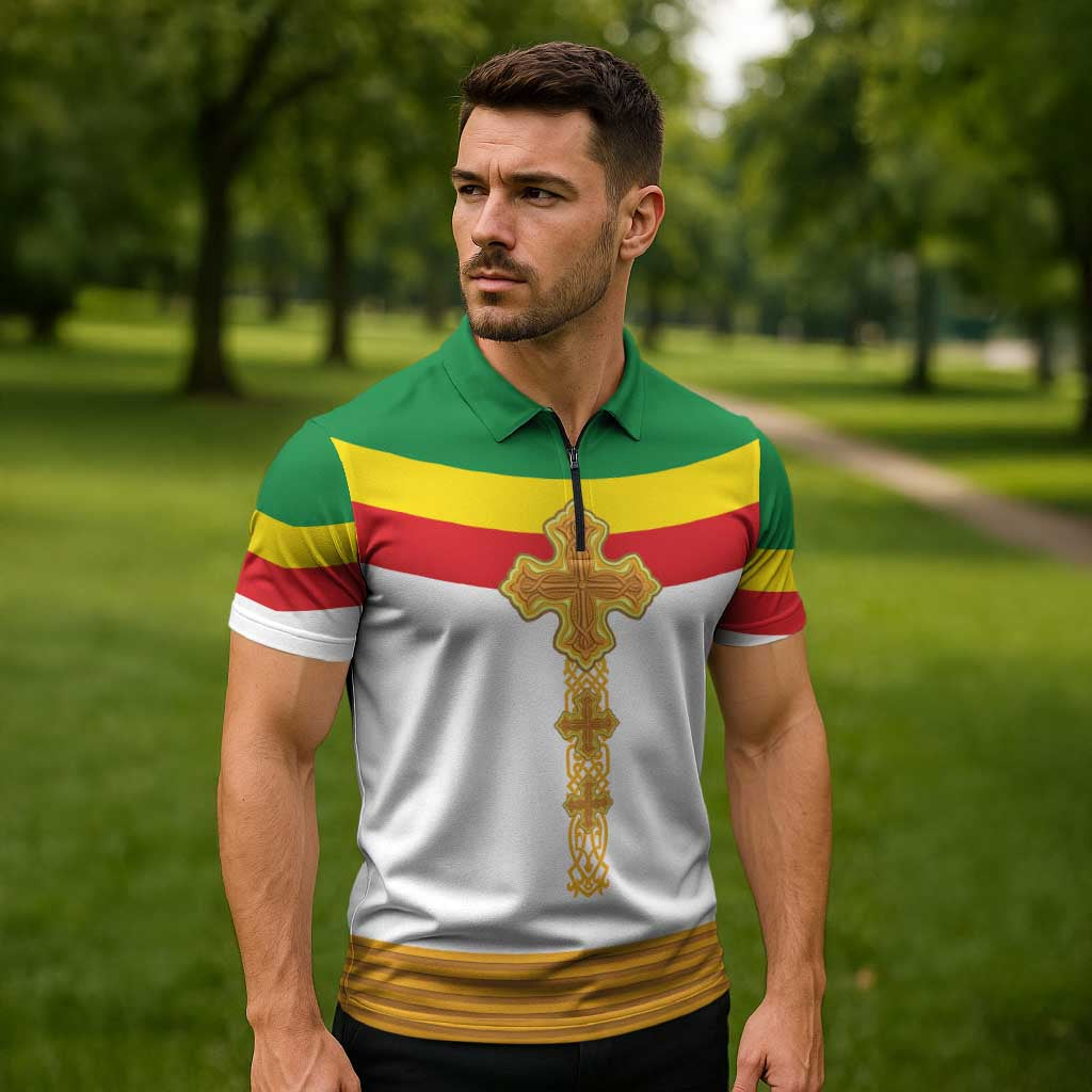 Ethiopia Meskel Zipper Polo Shirt Ethiopian Cross - Wonder Print Shop