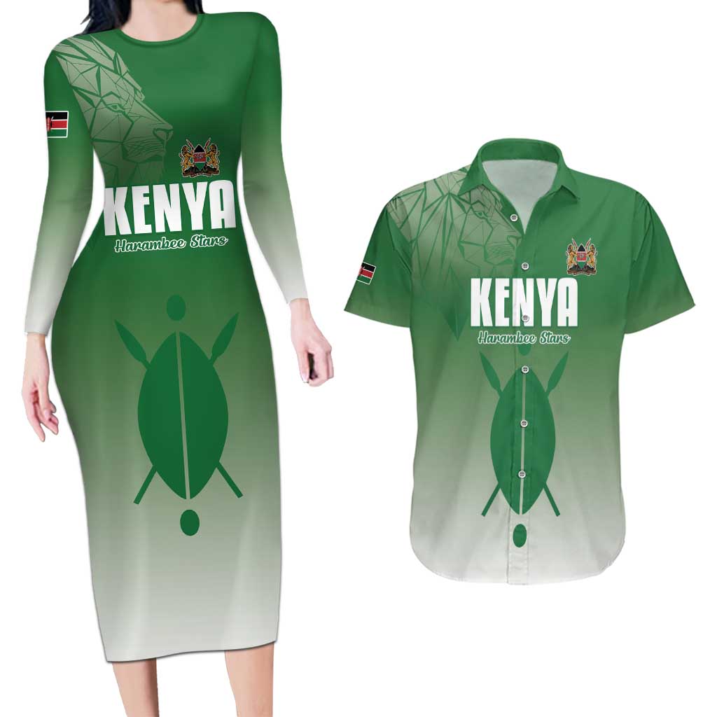 Custom Kenya Football Couples Matching Long Sleeve Bodycon Dress and Hawaiian Shirt Go Champions Harambee Stars - Wonder Print Shop