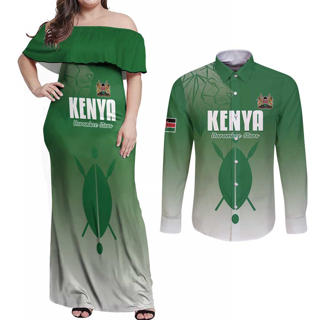 Custom Kenya Football Couples Matching Off Shoulder Maxi Dress and Long Sleeve Button Shirt Go Champions Harambee Stars - Wonder Print Shop