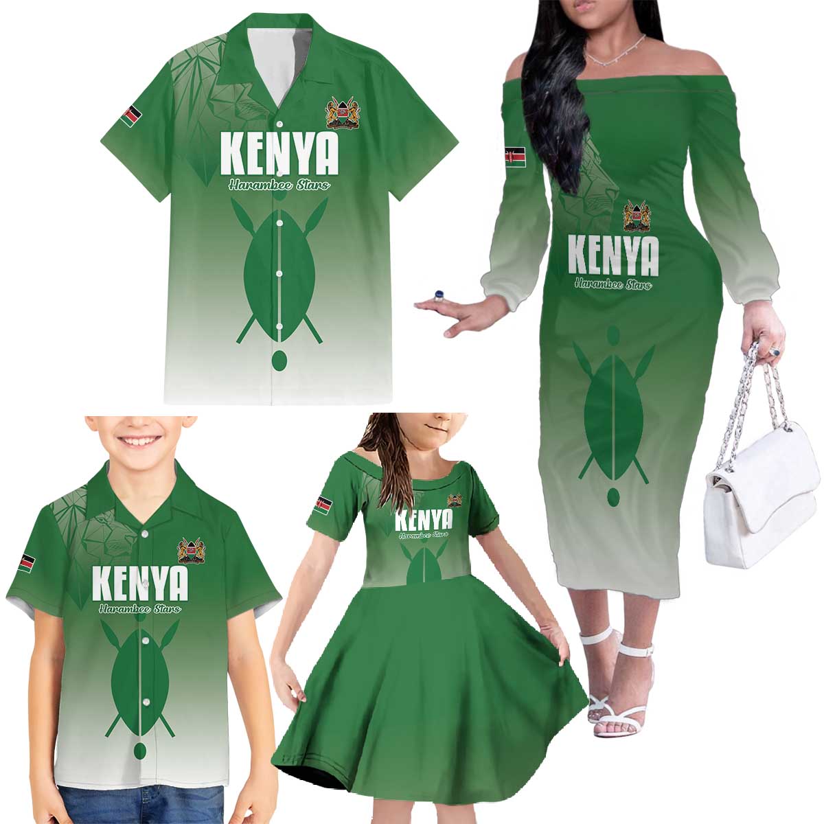 Custom Kenya Football Family Matching Off The Shoulder Long Sleeve Dress and Hawaiian Shirt Go Champions Harambee Stars - Wonder Print Shop