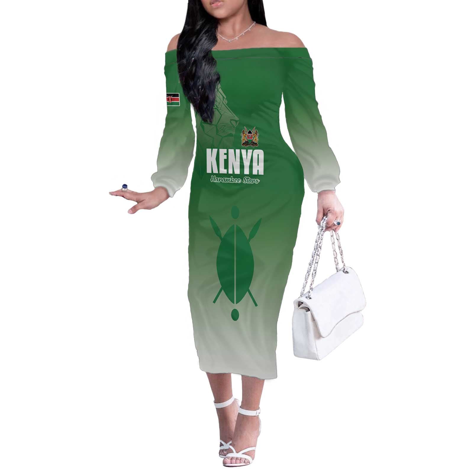 Custom Kenya Football Off The Shoulder Long Sleeve Dress Go Champions Harambee Stars - Wonder Print Shop