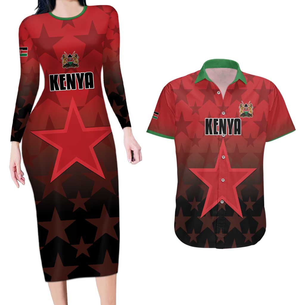 Custom Kenya Football Couples Matching Long Sleeve Bodycon Dress and Hawaiian Shirt Go Harambee Stars - Red Jersey - Wonder Print Shop