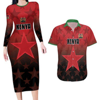 Custom Kenya Football Couples Matching Long Sleeve Bodycon Dress and Hawaiian Shirt Go Harambee Stars - Red Jersey - Wonder Print Shop