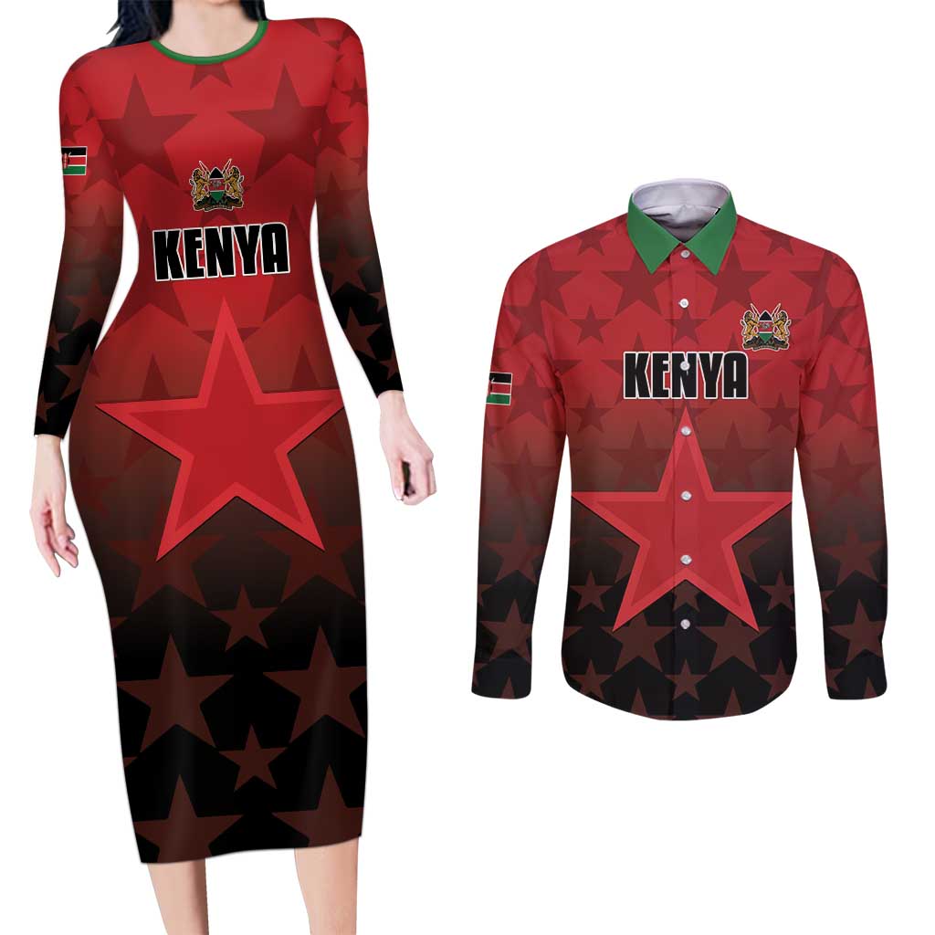 Custom Kenya Football Couples Matching Long Sleeve Bodycon Dress and Long Sleeve Button Shirt Go Harambee Stars - Red Jersey - Wonder Print Shop