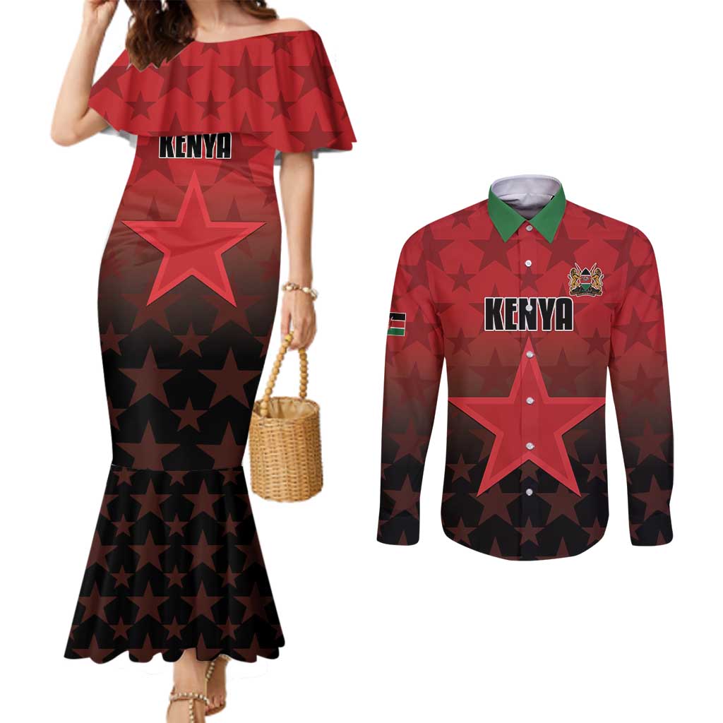 Custom Kenya Football Couples Matching Mermaid Dress and Long Sleeve Button Shirt Go Harambee Stars - Red Jersey - Wonder Print Shop