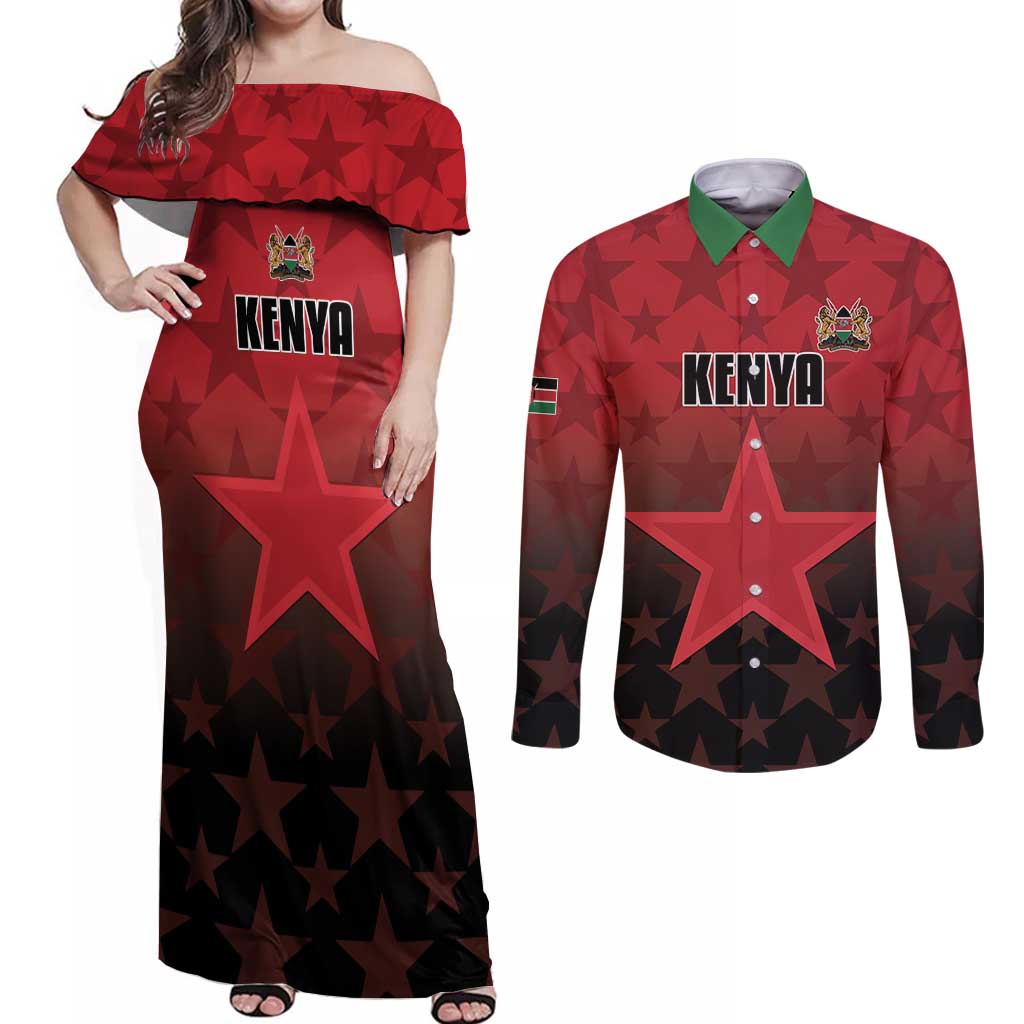 Custom Kenya Football Couples Matching Off Shoulder Maxi Dress and Long Sleeve Button Shirt Go Harambee Stars - Red Jersey - Wonder Print Shop