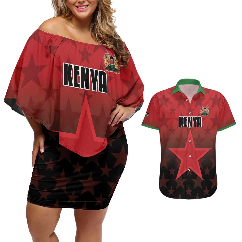 Custom Kenya Football Couples Matching Off Shoulder Short Dress and Hawaiian Shirt Go Harambee Stars - Red Jersey - Wonder Print Shop
