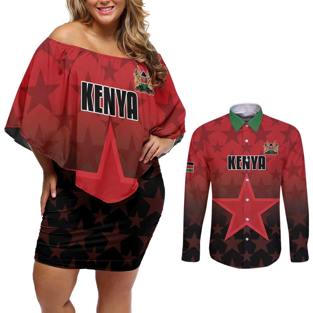 Custom Kenya Football Couples Matching Off Shoulder Short Dress and Long Sleeve Button Shirt Go Harambee Stars - Red Jersey - Wonder Print Shop