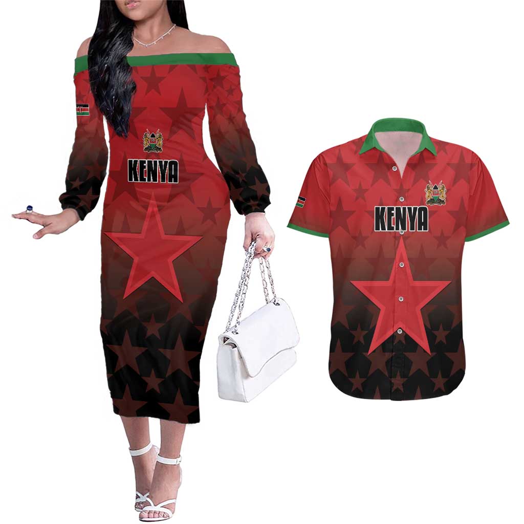 Custom Kenya Football Couples Matching Off The Shoulder Long Sleeve Dress and Hawaiian Shirt Go Harambee Stars - Red Jersey - Wonder Print Shop