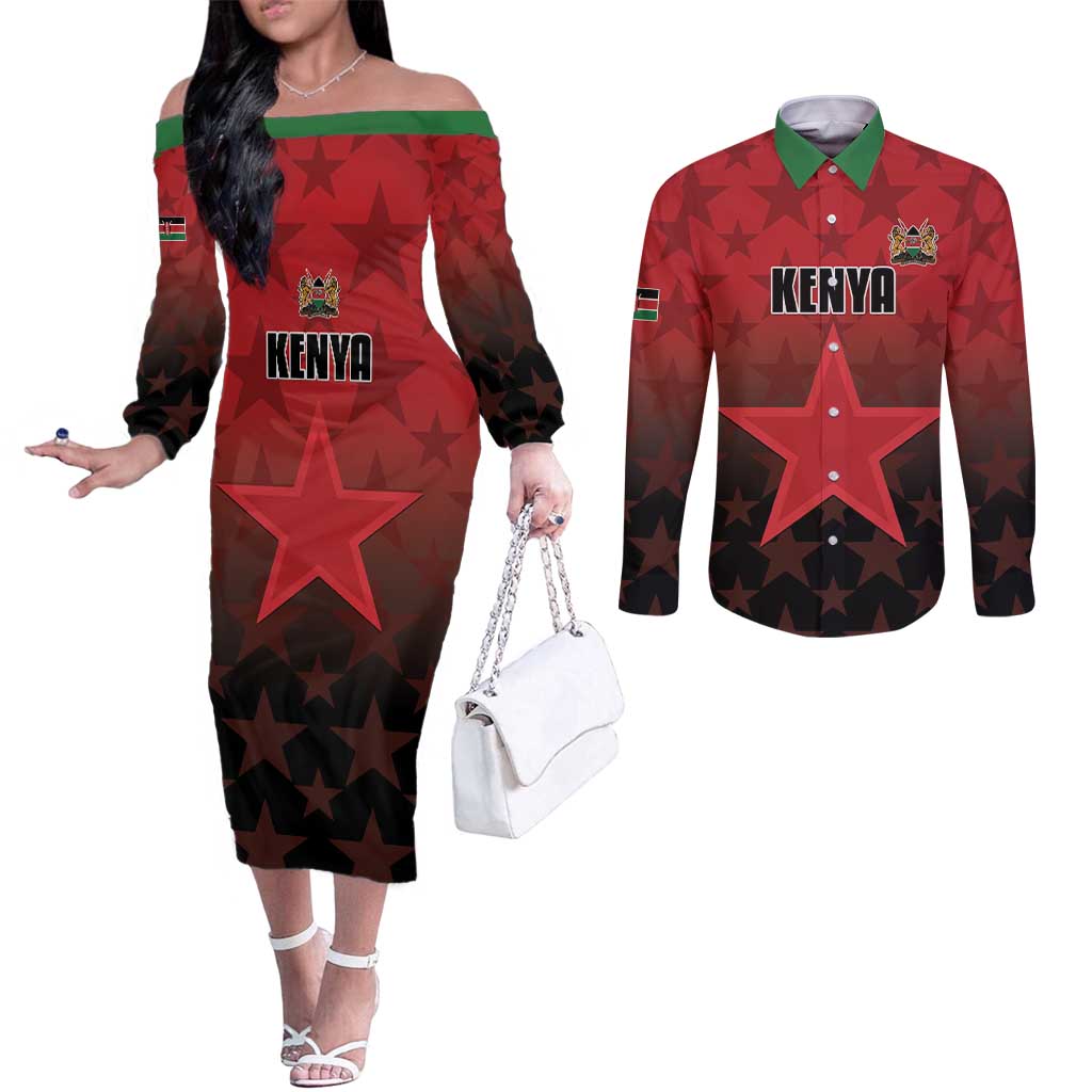 Custom Kenya Football Couples Matching Off The Shoulder Long Sleeve Dress and Long Sleeve Button Shirt Go Harambee Stars - Red Jersey - Wonder Print Shop