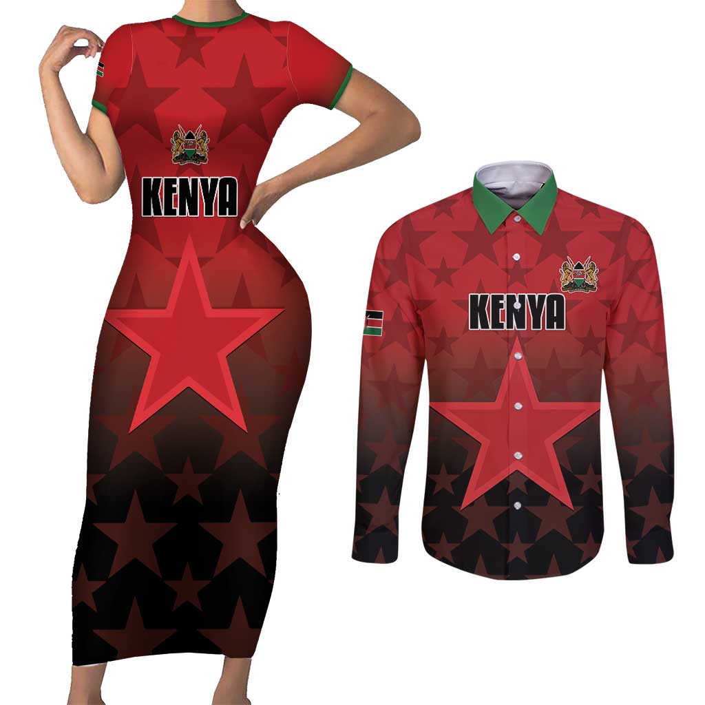 Custom Kenya Football Couples Matching Short Sleeve Bodycon Dress and Long Sleeve Button Shirt Go Harambee Stars - Red Jersey - Wonder Print Shop
