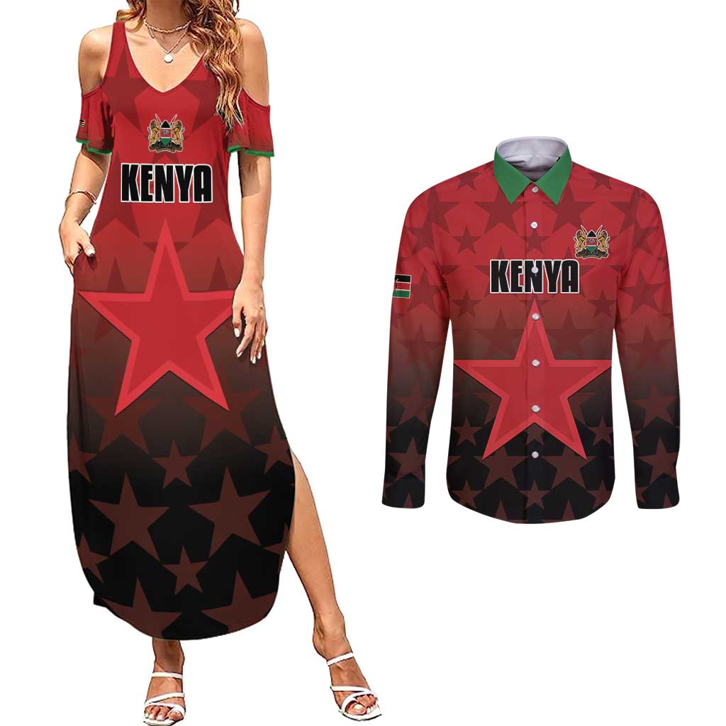 Custom Kenya Football Couples Matching Summer Maxi Dress and Long Sleeve Button Shirt Go Harambee Stars - Red Jersey - Wonder Print Shop