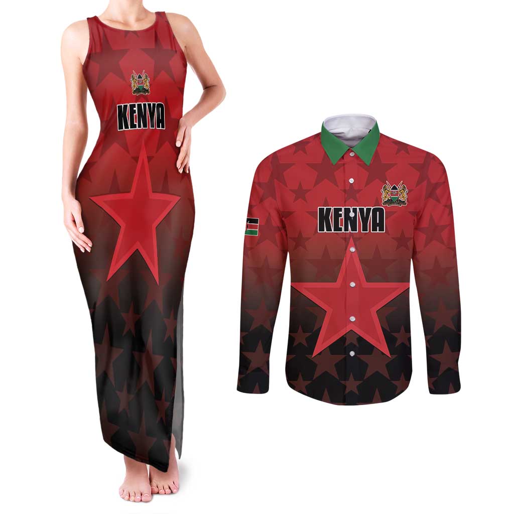 Custom Kenya Football Couples Matching Tank Maxi Dress and Long Sleeve Button Shirt Go Harambee Stars - Red Jersey - Wonder Print Shop