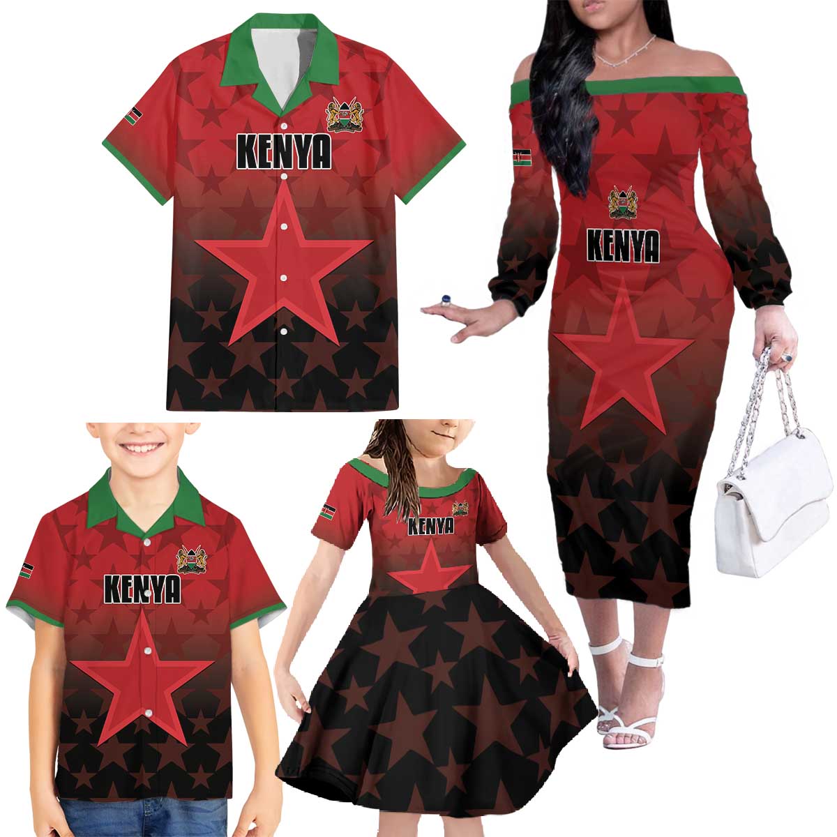 Custom Kenya Football Family Matching Off The Shoulder Long Sleeve Dress and Hawaiian Shirt Go Harambee Stars - Red Jersey - Wonder Print Shop