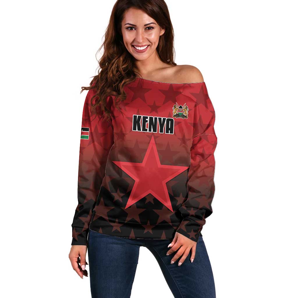 Custom Kenya Football Off Shoulder Sweater Go Harambee Stars - Red Jersey - Wonder Print Shop