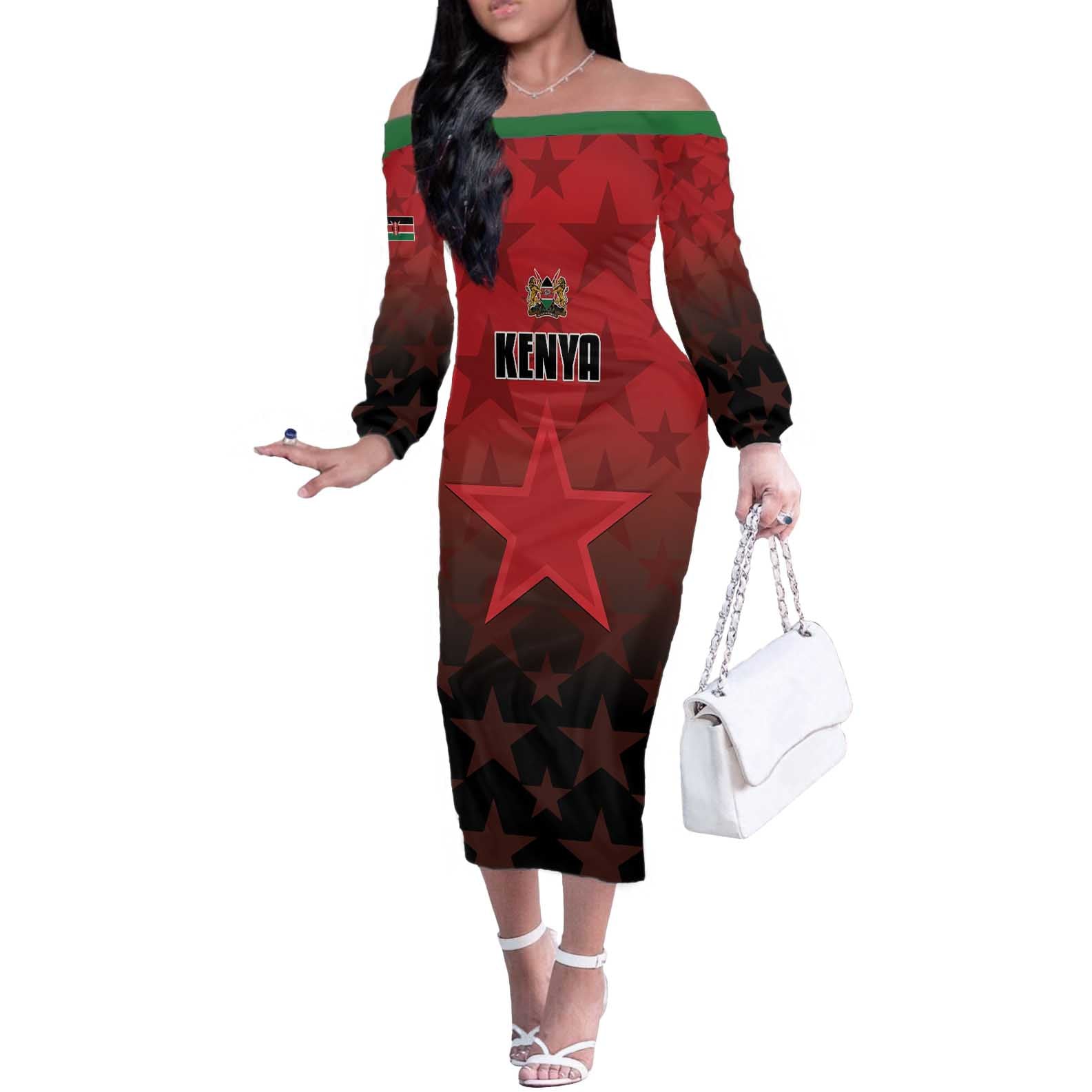 Custom Kenya Football Off The Shoulder Long Sleeve Dress Go Harambee Stars - Red Jersey - Wonder Print Shop