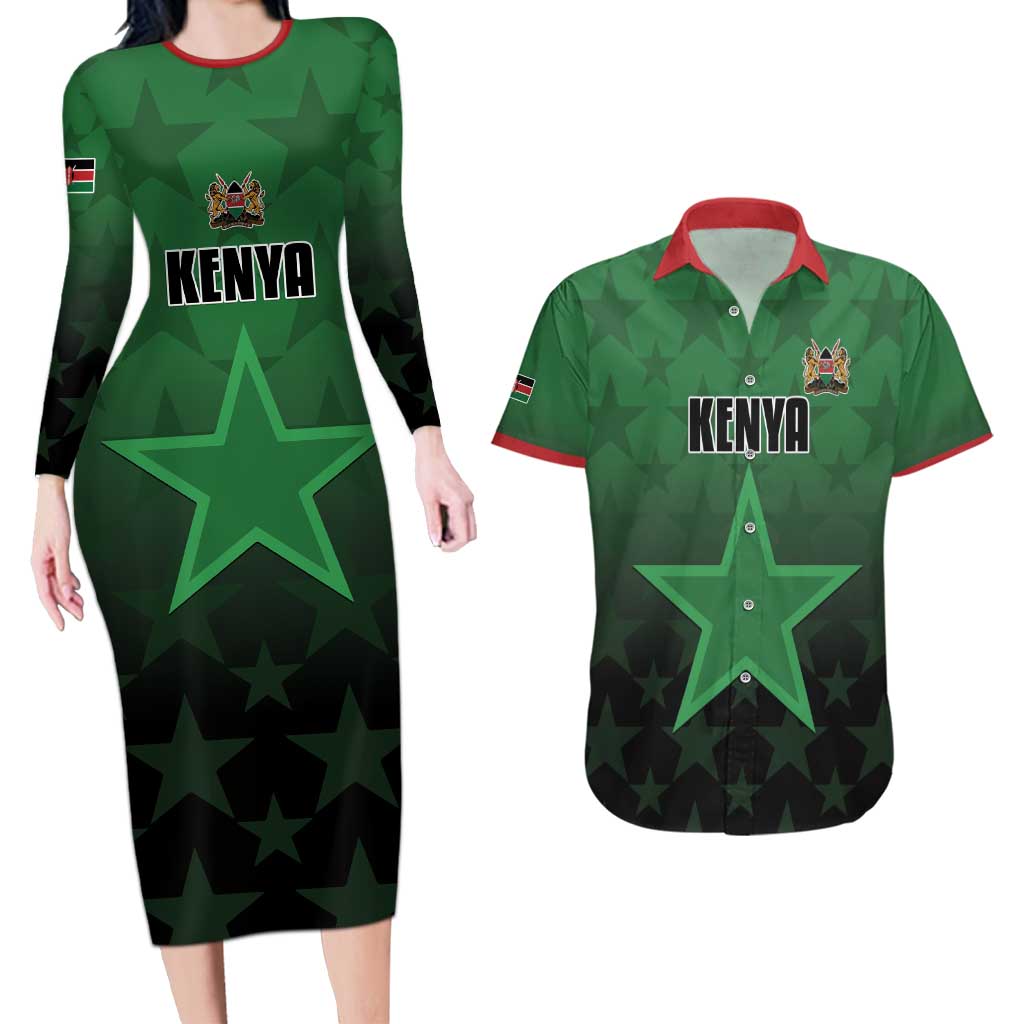 Custom Kenya Football Couples Matching Long Sleeve Bodycon Dress and Hawaiian Shirt Go Harambee Stars - Green Jersey - Wonder Print Shop