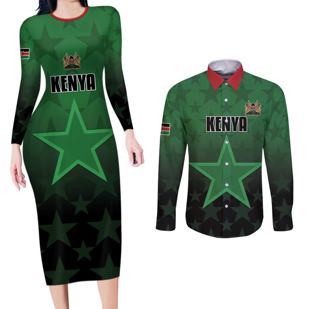 Custom Kenya Football Couples Matching Long Sleeve Bodycon Dress and Long Sleeve Button Shirt Go Harambee Stars - Green Jersey - Wonder Print Shop